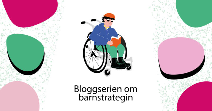 Ett illustrerat barn sitter i rullstol och läser. Bakgrunden har färgade ytor.